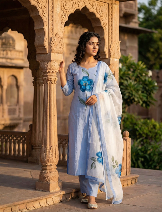 White Hand Painted Cotton Suit With Hand Painted Chiffon Dupatta