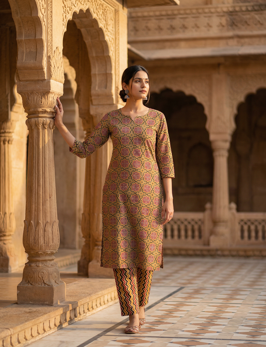 Yellow Ajrakh Top and Bottom Cotton Combo Set