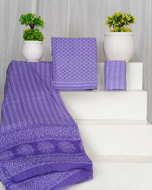 Hand Block Printed Cotton Suit With Mulmul Cotton Dupatta