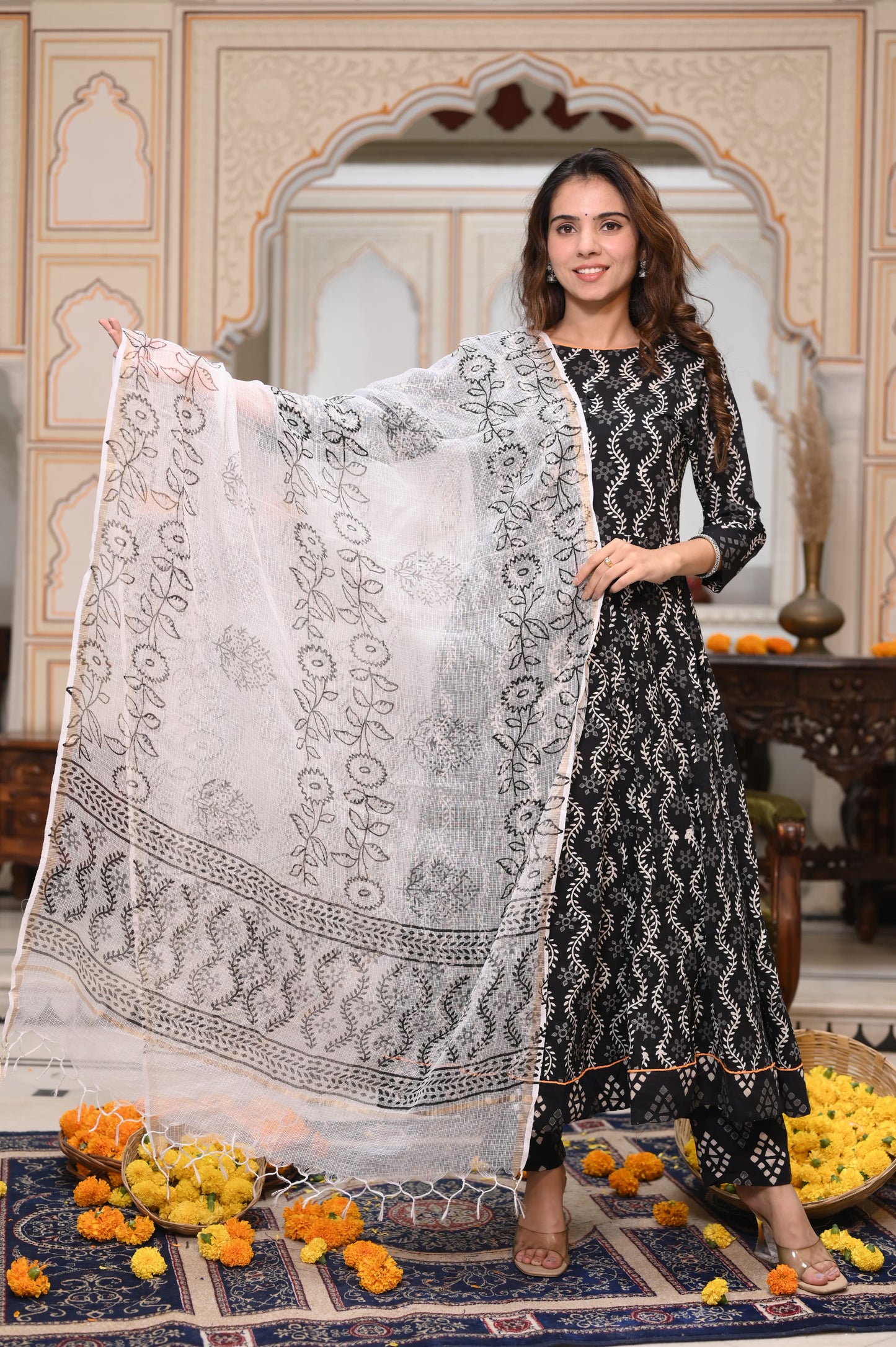 Bagru Handblock Printed Anarkali Set With Kota doria Dupatta with Zari Border
