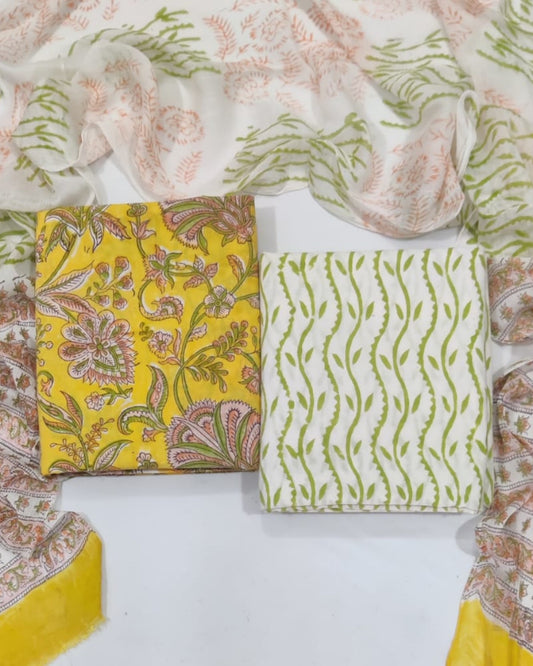 Rapid Hand Block Printed Cotton Suit With Chiffon Dupatta