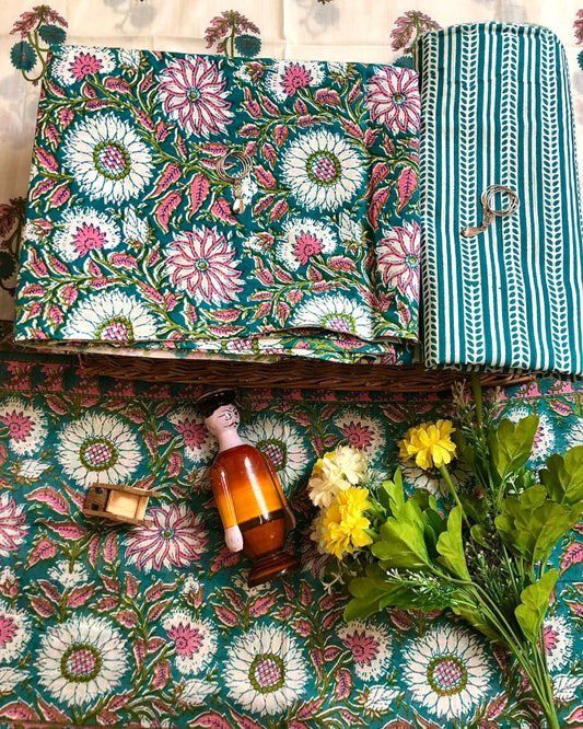 Hand Block Printed Cotton Suit With Mulmul Cotton Dupatta