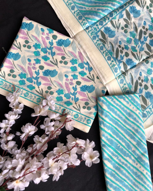 Hand Block Printed Cotton Suit With Mulmul Cotton Dupatta