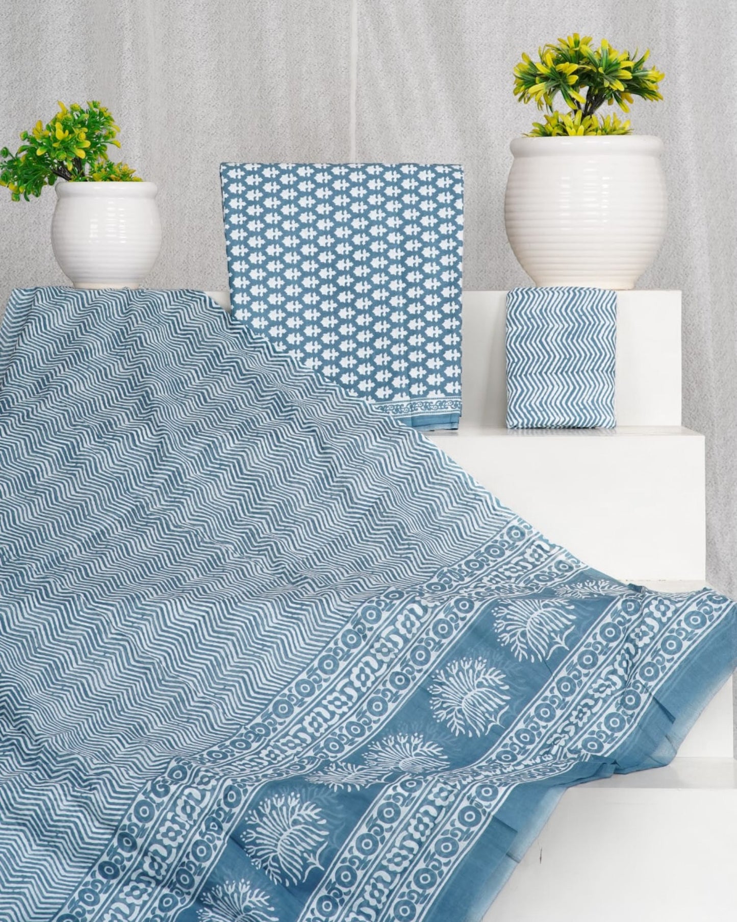 Hand Block Printed Cotton Suit With Mulmul Cotton Dupatta