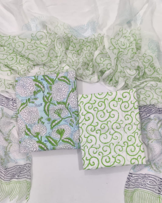 Rapid Hand Block Printed Cotton Suit With Chiffon Dupatta