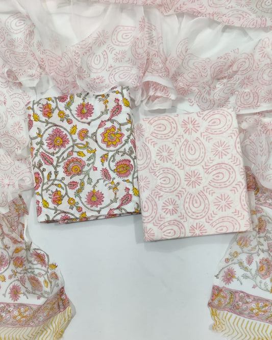 Rapid Hand Block Printed Cotton Suit With Chiffon Dupatta