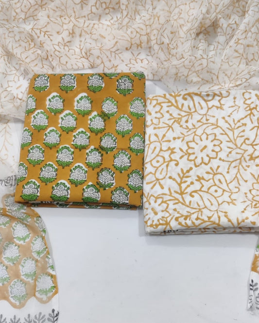 Rapid Hand Block Printed Cotton Suit With Chiffon Dupatta