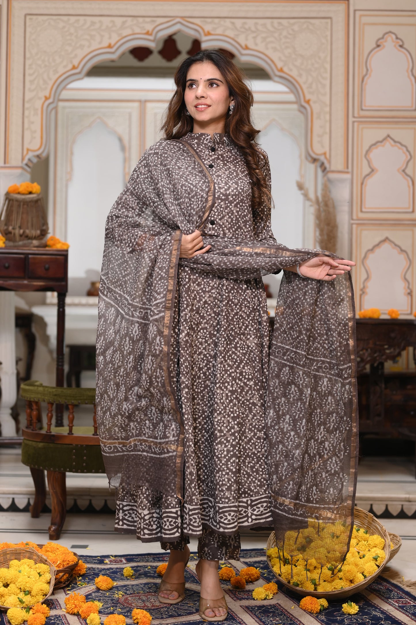 Bagru Handblock Printed Anarkali Set With Kota doria Dupatta with Zari Border