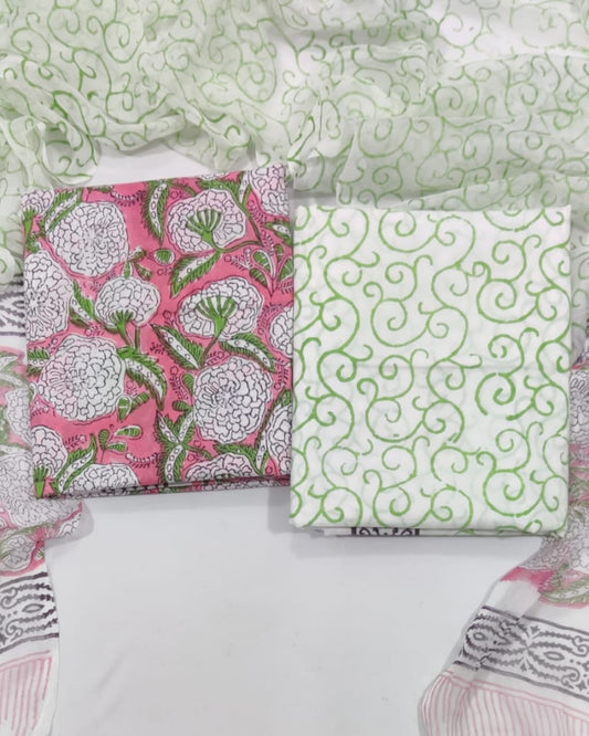 Rapid Hand Block Printed Cotton Suit With Chiffon Dupatta