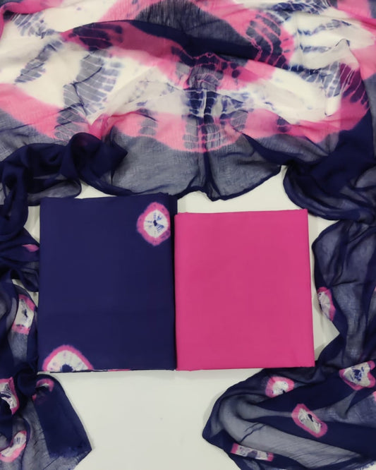 Tie Dye Hand Block Printed Cotton Suit With Chiffon Dupatta