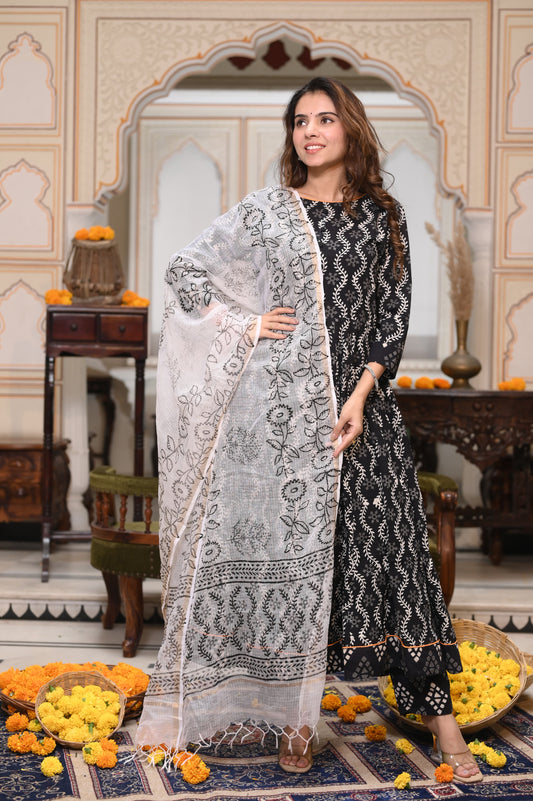 Bagru Handblock Printed Anarkali Set With Kota doria Dupatta with Zari Border