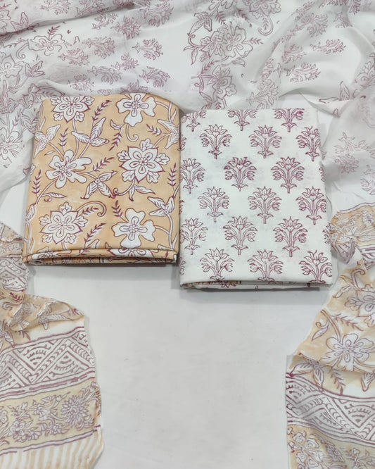 Rapid Hand Block Printed Cotton Suit With Chiffon Dupatta