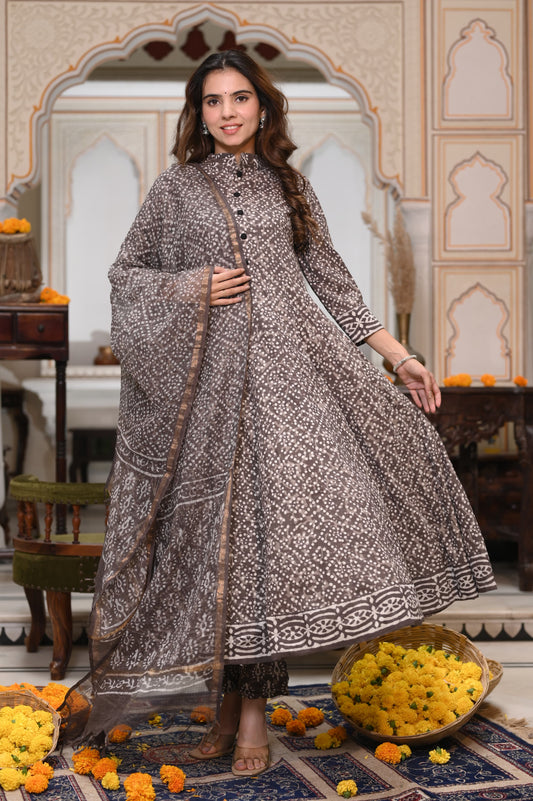 Bagru Handblock Printed Anarkali Set With Kota doria Dupatta with Zari Border