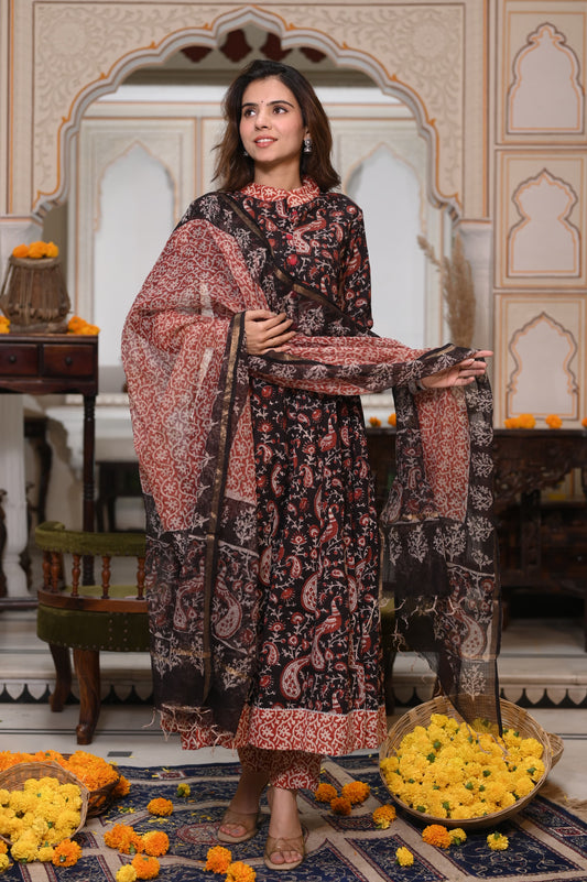 Bagru Handblock Printed Anarkali Set With Kota doria Dupatta with Zari Border