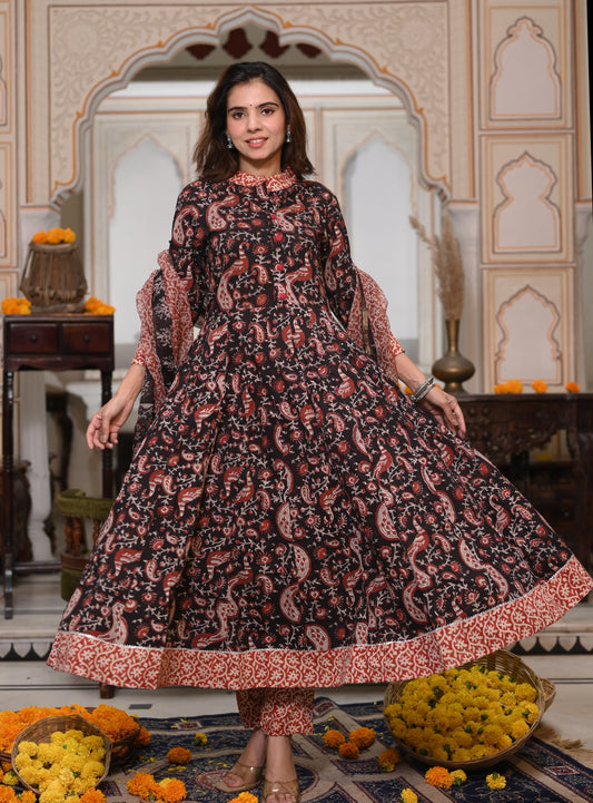 Bagru Handblock Printed Anarkali Set With Kota doria Dupatta with Zari Border