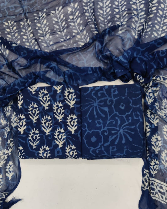 Indigo Hand Block Printed Cotton Suit With Chiffon Dupatta