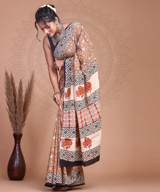 Bagru Kalamkari Handblock Printed Cotton Mulmul Saree with Blouse Piece