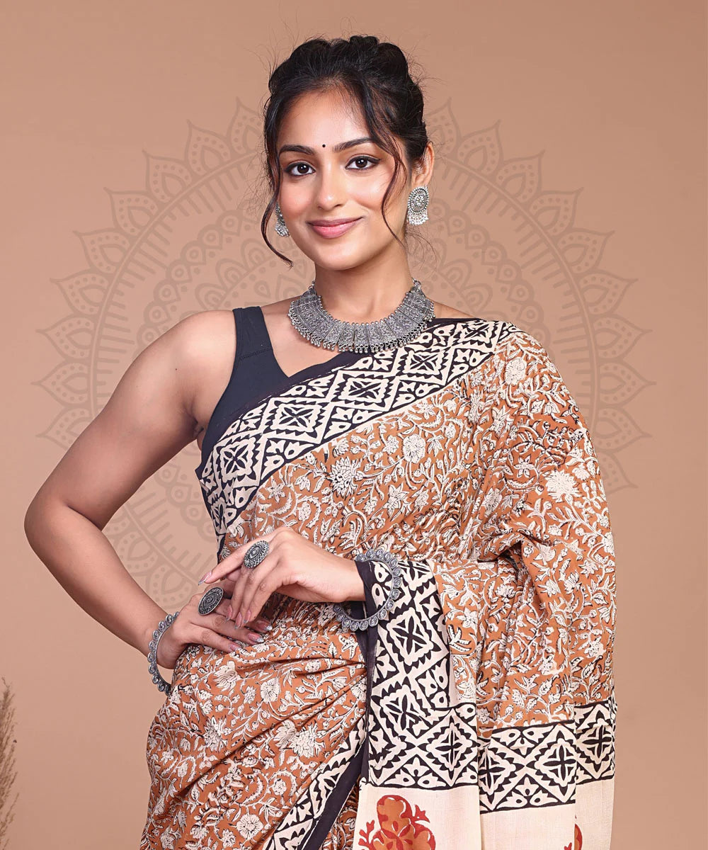 Bagru Kalamkari Handblock Printed Cotton Mulmul Saree with Blouse Piece