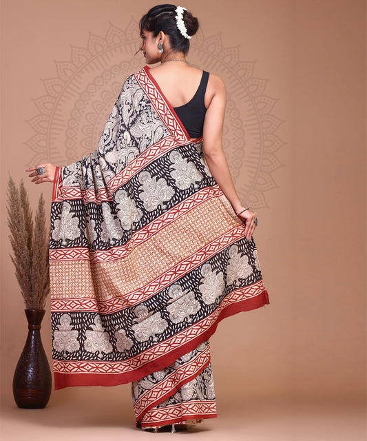 Bagru Kalamkari Handblock Printed Cotton Mulmul Saree with Blouse Piece