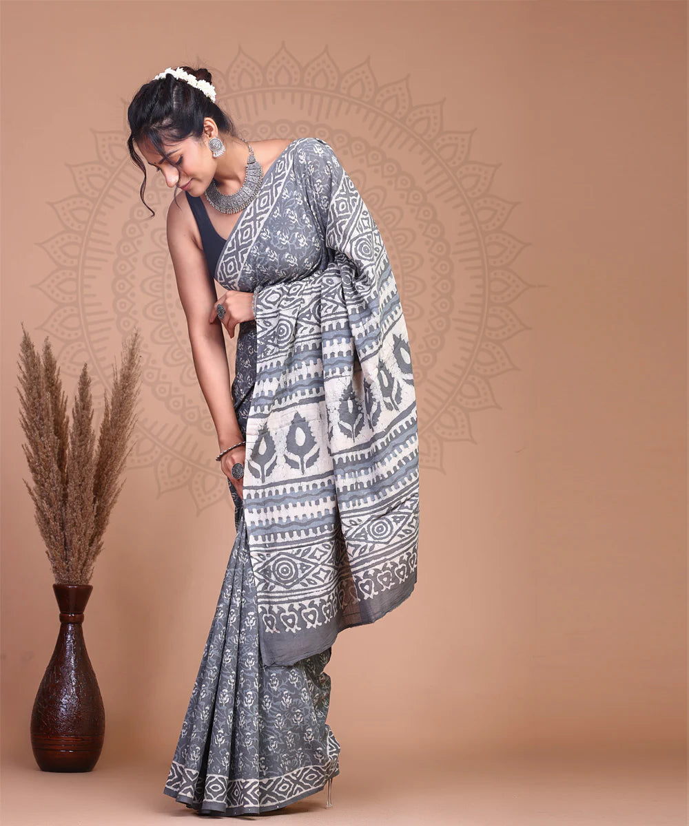 Bagru Dabu Handblock Printed Cotton Mulmul Saree with Blouse Piece