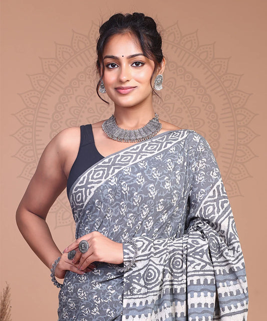 Bagru Dabu Handblock Printed Cotton Mulmul Saree with Blouse Piece