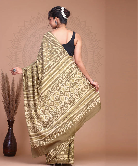 Bagru Dabu Handblock Printed Cotton Mulmul Saree with Blouse Piece