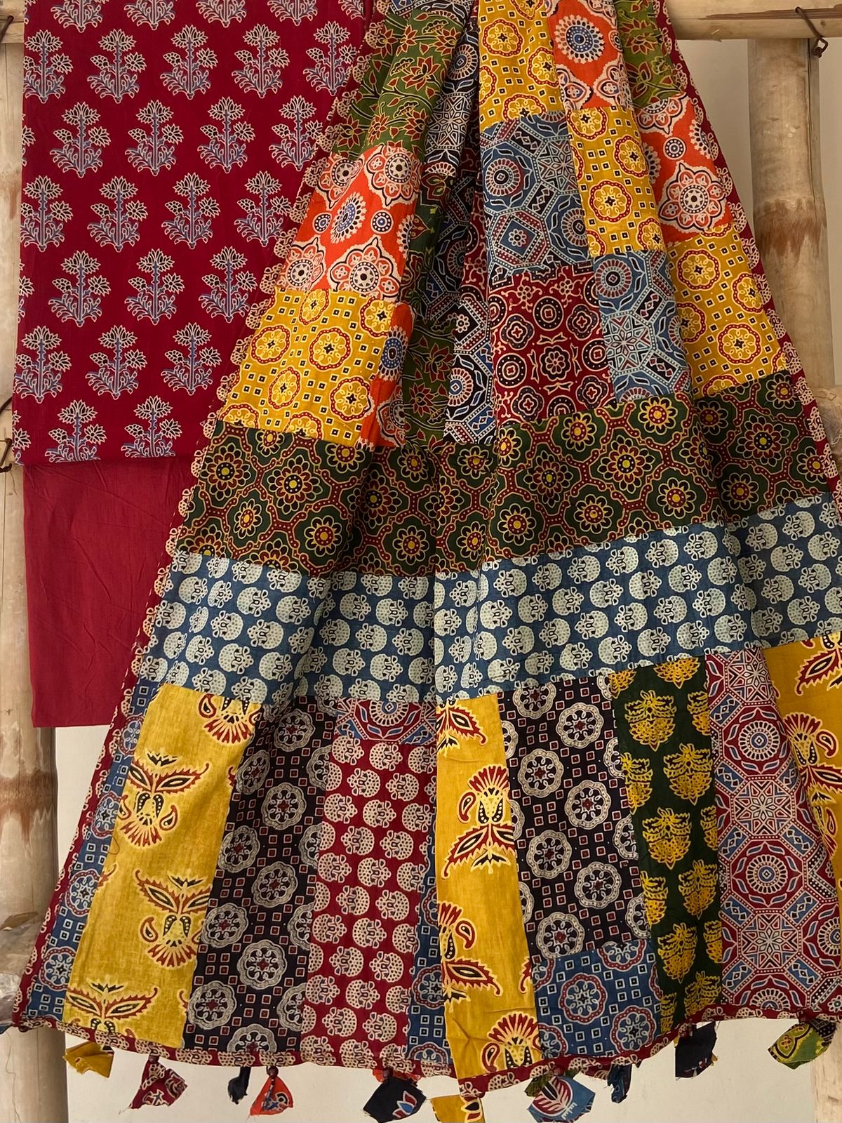 Ajrakh Dupatta suit With hand applique mirror work Ajarakh print Suit pcs with patch work and mirror work dupatta