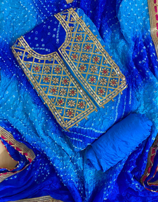 BLUE BANDHANI HEAVY ART SILK FABRIC DOUBLE SHADES SUITS WITH BEAUTIFUL HAND GOTAPATTI WORK DUPATTA