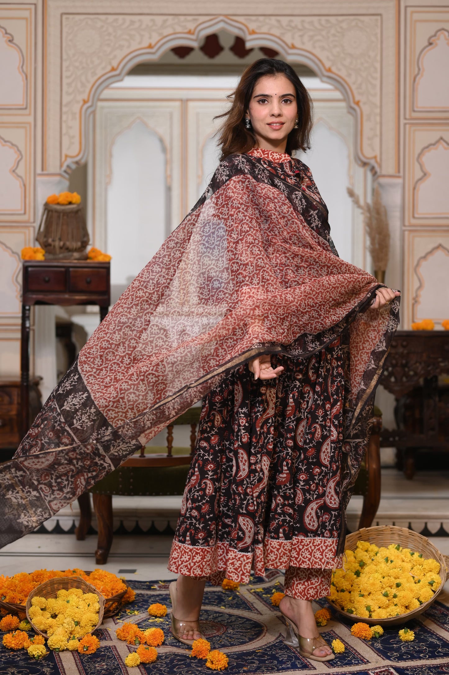Bagru Handblock Printed Anarkali Set With Kota doria Dupatta with Zari Border