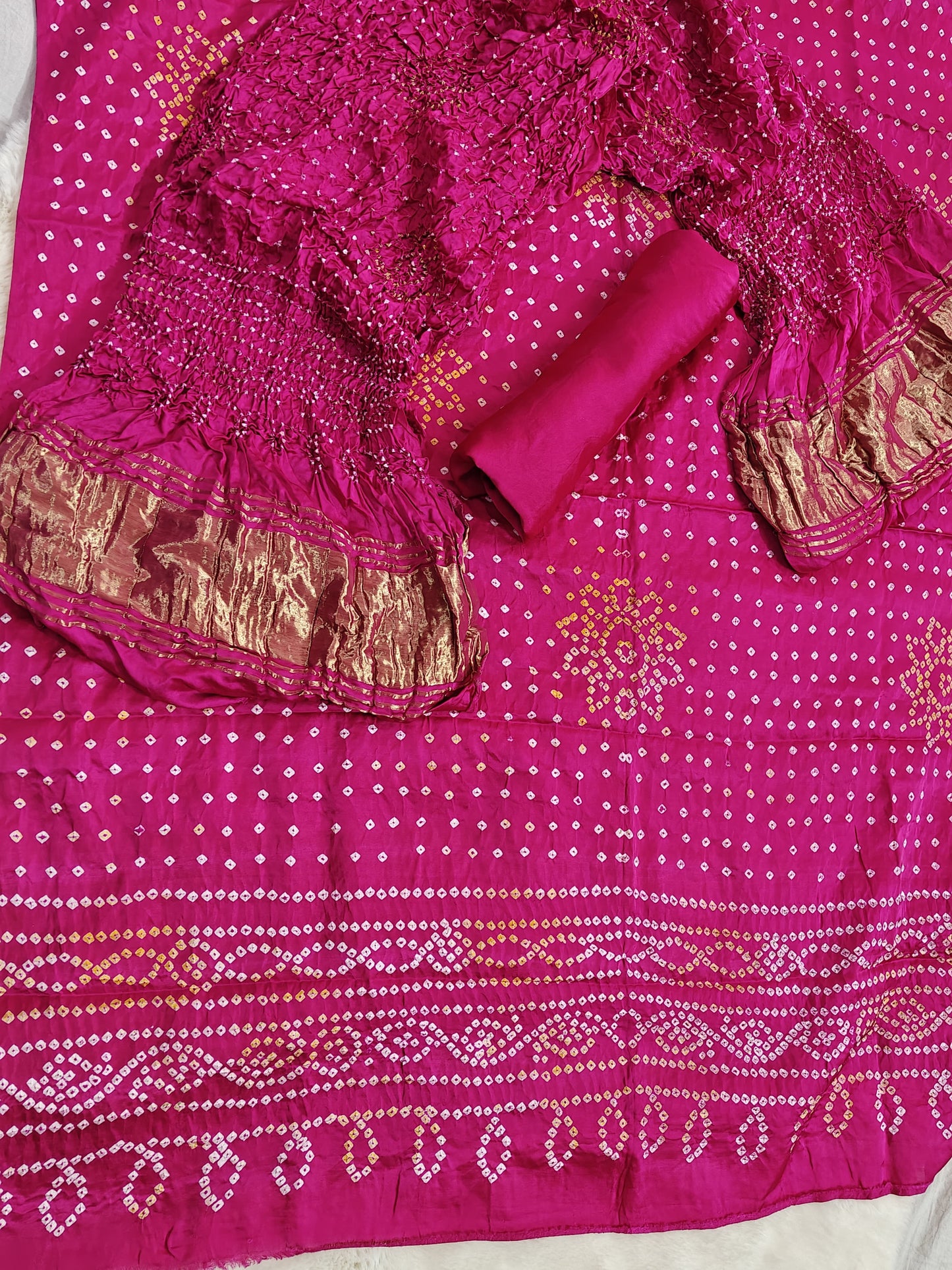 PINK/RANI BANDHANI  PURE GAJJI SILK FABRIC SUITS WITH HEAVY ZARI RICH HAND PALLU DUPATTA