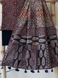 Ajrakh Dupatta suit With hand applique mirror work Ajarakh print Suit pcs with patch work and mirror work dupatta