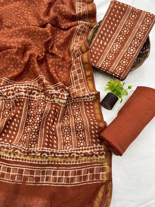 Premium Handblock Print Pure Chanderi Silk Unstitched Suit Set – Handwoven Zari Border | The Bhankar’s