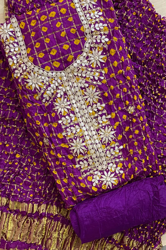 Purple GHATCHOLA Round Neck BANDHANI Art SILK FABRIC SUITS WITH BEAUTIFUL HAND GOTAPATTI WORK DUPATTA