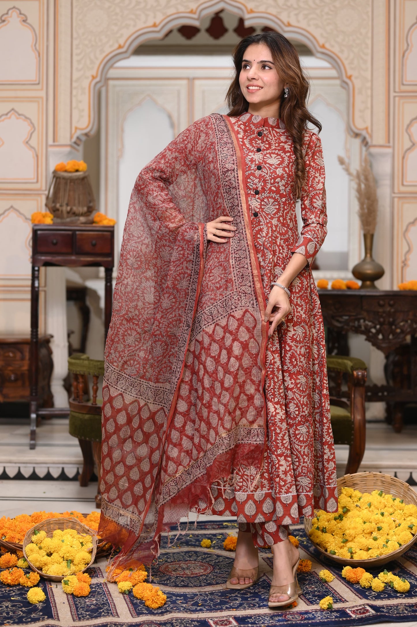 Bagru Handblock Printed Anarkali Set With Kota doria Dupatta with Zari Border
