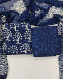 Indigo Hand Block Printed Cotton Suit With Chiffon Dupatta