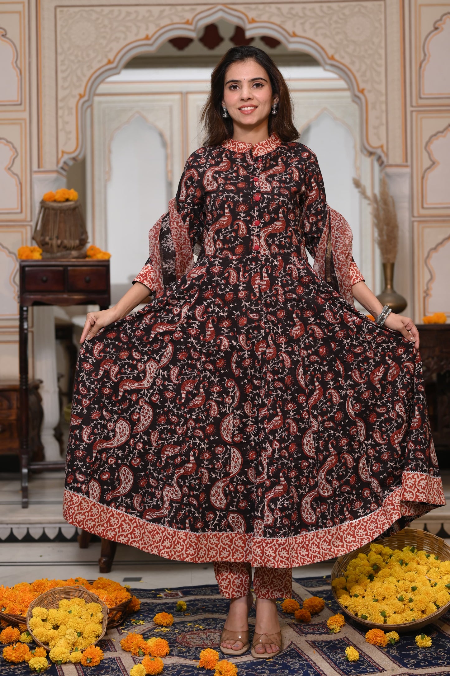 Bagru Handblock Printed Anarkali Set With Kota doria Dupatta with Zari Border