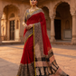 Premium Handblock Printed Pure Double Diamond Chiffon Saree with Matching Blouse Piece – Red & Black Traditional Design