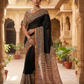 Exclusive Premium Handblock Printed Pure Double Diamond Chiffon Saree with Matching Blouse Piece – Classic Black & Beige