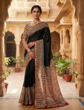 Exclusive Premium Handblock Printed Pure Double Diamond Chiffon Saree with Matching Blouse Piece – Classic Black & Beige