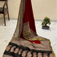 Exclusive Handblock Printed Pure Double Diamond Chiffon Saree in Maroon Red | Premium Bemberg Silk Chiffon with Black & Gold Zari Border