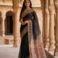 Exclusive Handblock Printed Pure Double Diamond Chiffon Saree in Black | Premium Bemberg Silk Chiffon with Intricate Zari Border