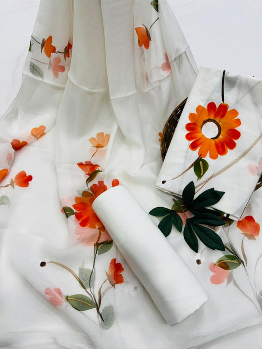 White Hand Painted Cotton Suit With Hand Painted Chiffon Dupatta
