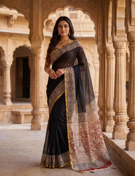 Exclusive Handblock Printed Pure Double Diamond Chiffon Saree in Black | Premium Bemberg Silk Chiffon with Intricate Zari Border