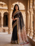 Exclusive Handblock Printed Pure Double Diamond Chiffon Saree in Black | Premium Bemberg Silk Chiffon with Intricate Zari Border