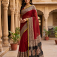 Exclusive Handblock Printed Pure Double Diamond Chiffon Saree in Maroon Red | Premium Bemberg Silk Chiffon with Black & Gold Zari Border