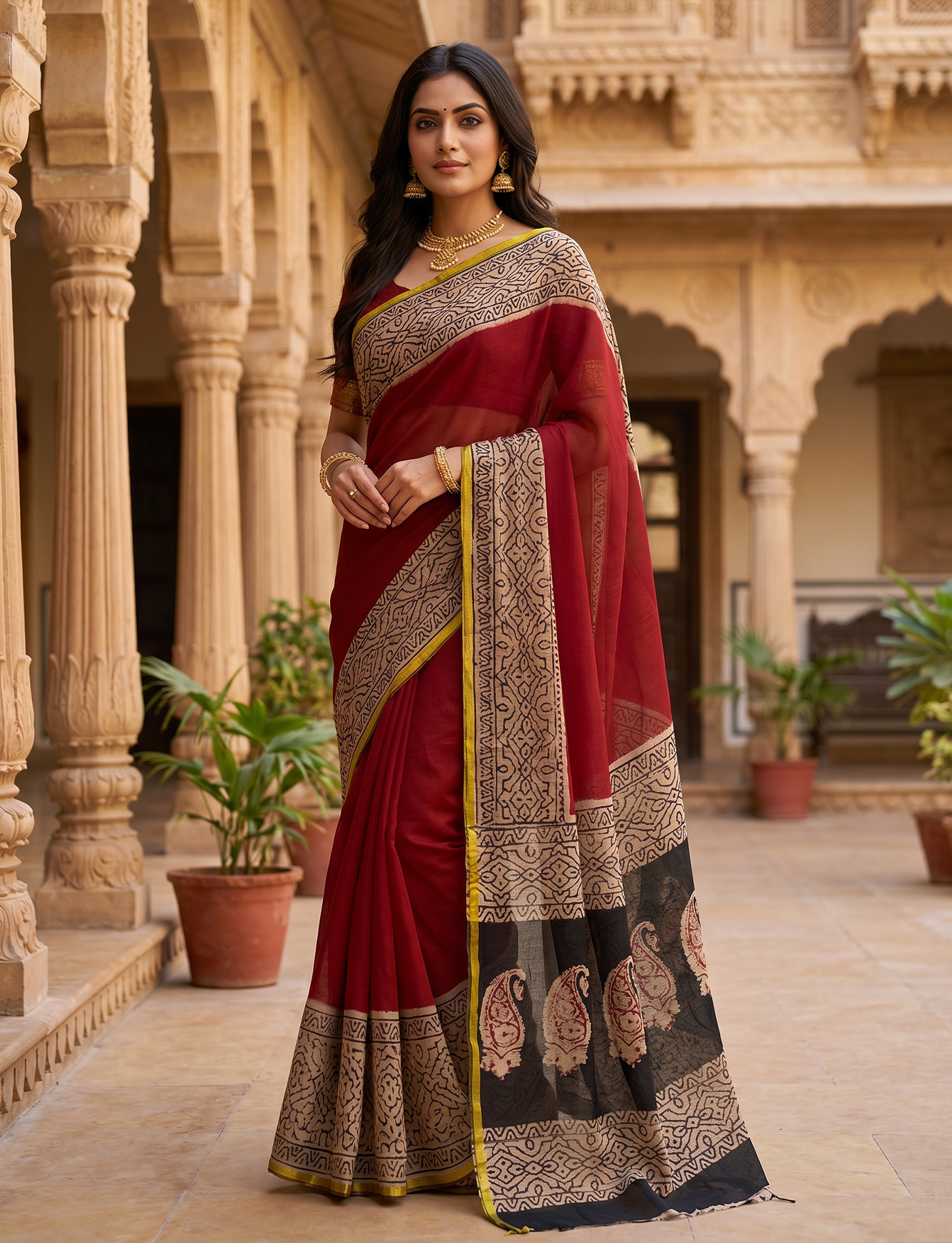 Exclusive Handblock Printed Pure Double Diamond Chiffon Saree in Maroon Red | Premium Bemberg Silk Chiffon with Black & Gold Zari Border