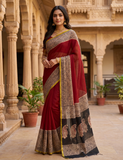 Exclusive Handblock Printed Pure Double Diamond Chiffon Saree in Maroon Red | Premium Bemberg Silk Chiffon with Black & Gold Zari Border