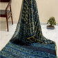 Exclusive Handblock Printed Pure Double Diamond Chiffon Saree in Blue-Green | Premium Bemberg Silk Chiffon with Floral Motifs & Gold Zari Border