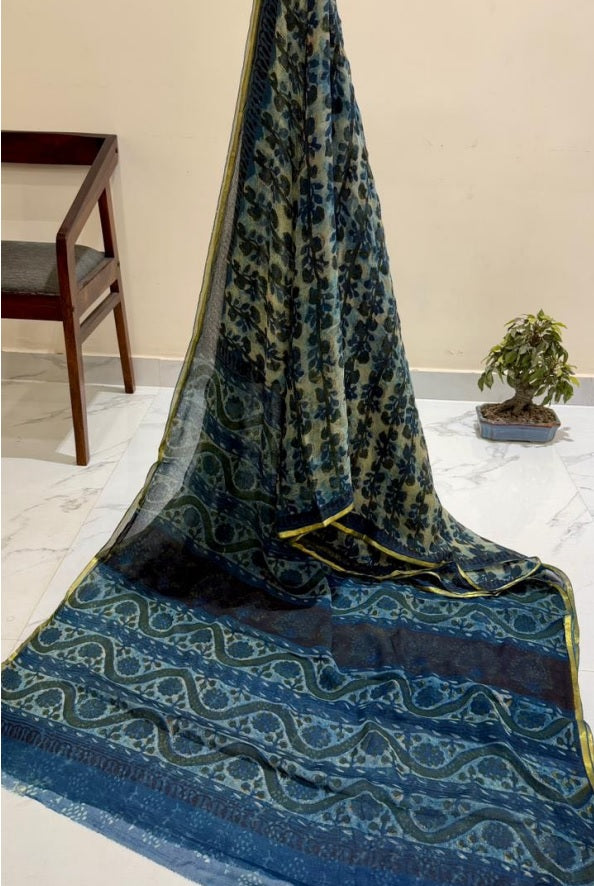 Exclusive Handblock Printed Pure Double Diamond Chiffon Saree in Blue-Green | Premium Bemberg Silk Chiffon with Floral Motifs & Gold Zari Border