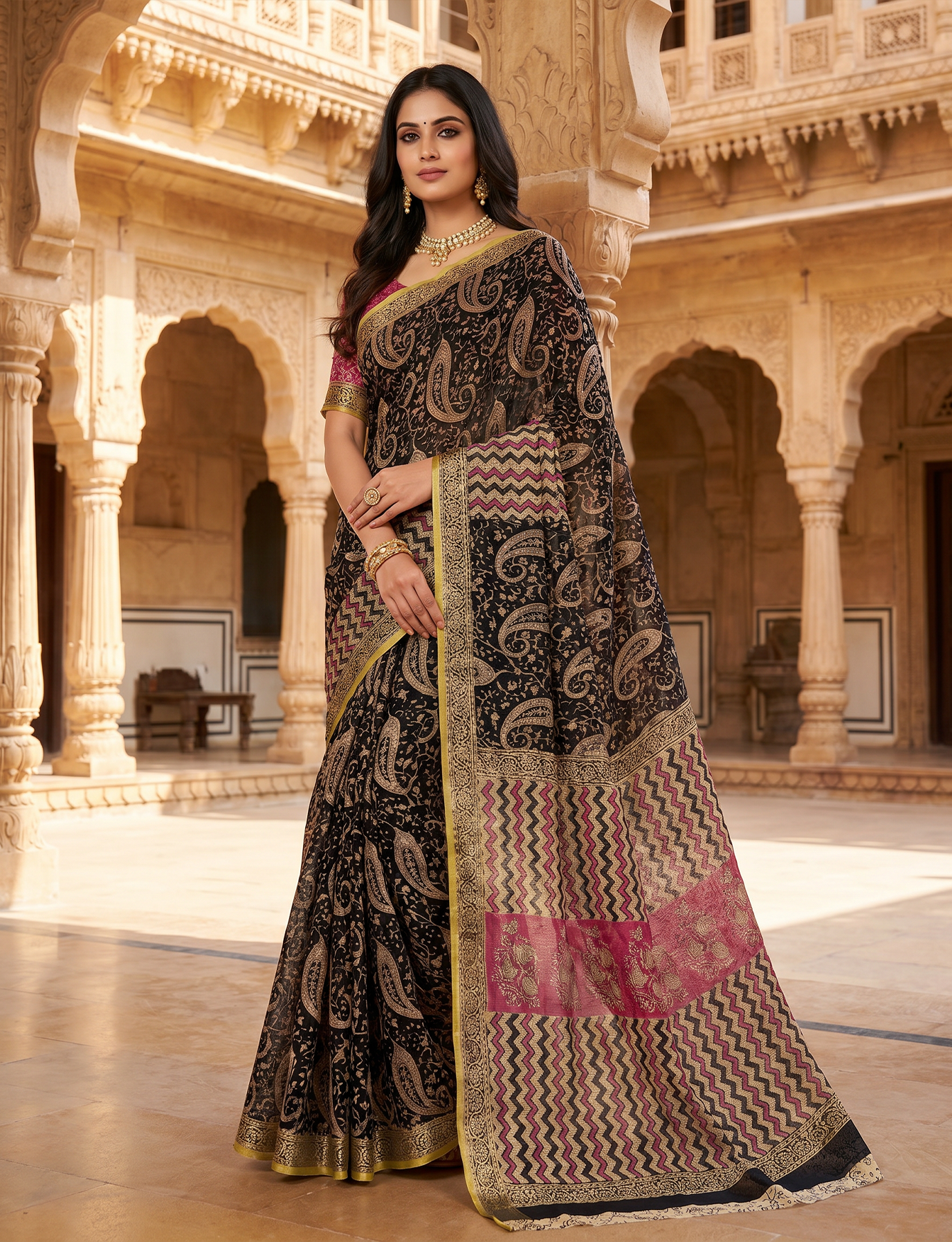 Exclusive Handblock Printed Pure Double Diamond Chiffon Saree in Black with Vibrant Pink & Gold Zari | Premium Bemberg Silk Chiffon with Paisley Pallu
